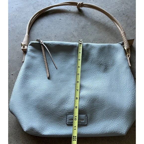 London Fog Travel Bag Houndstooth Brwn Barrel Duffle Leather Light Blue Bag - Picture 5 of 14